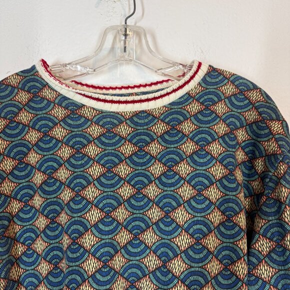 Zara Sweater Blue Red Geometric Print Striped Cuffs Cotton XL - Picture 3 of 10